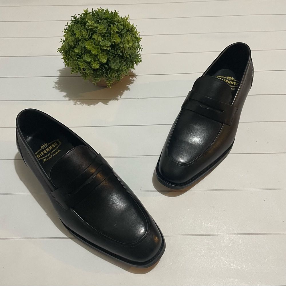 Gifennse Men's NWOT Black Leather Slip On Narrow Fit Loafer Dress Shoes Size 7 - Picture 2 of 13